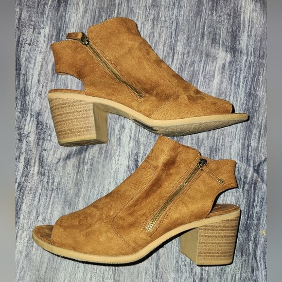 Rocket Dog Women's Open Toe Brown‎ Faux Suede Zipper Heeled Booties Shoes - Picture 1 of 12